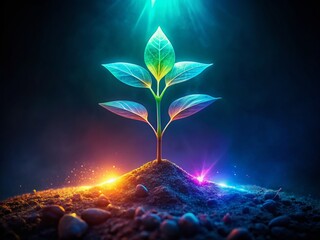 Poster - Abstract Glowing Plant Seedling in Low Poly Style Emerging from Dark Soil Against a Shadowy Background, Capturing the Essence of Nature's Resilience in Low Light Photography