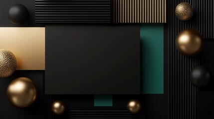 Poster - Modern geometric composition with black, gold, and teal elements on a textured surface showcasing design and style
