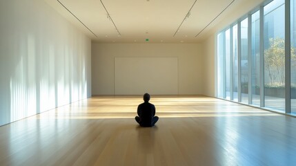Poster - A lone individual sits quietly on the floor of an expansive gallery, surrounded by bright, open space and large windows allowing sunlight. Generative AI