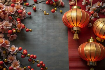 Wall Mural - Red tassels and plum blossoms Chinese New Year greeting card