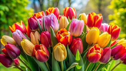 Wall Mural - A Colorful and Lively Candid Photography of a Vibrant Tulip Bouquet in Full Bloom, Capturing the Beauty of Nature's Palette with a Soft, Natural Light Background