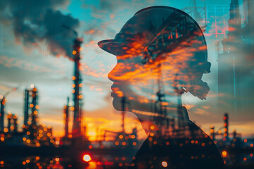 Poster - Professional firefighter worker double exposure generative AI portrait