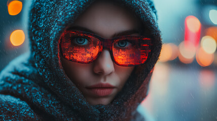 Poster - A woman wearing a hooded sweatshirt and glasses with a red tint. The image has a moody and mysterious feel to it