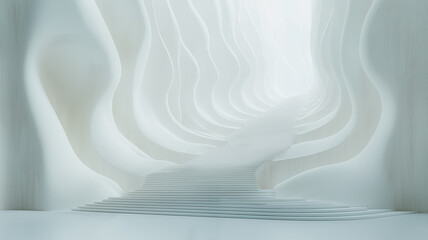 Poster - A white, curving tunnel with a river running through it. The tunnel is very long and narrow, and the river is very wide. The tunnel is made of wood and has a very smooth, polished surface