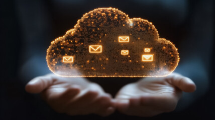 Poster - A person is holding a cloud with many small circles on it, which are labeled as emails. Concept of a digital world where communication is essential