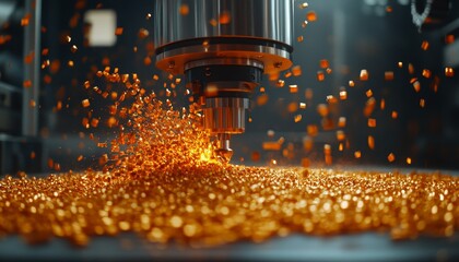Poster - cnc milling machine in action metalworking process with flying chips, industrial background