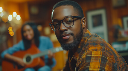 Poster - A man with glasses and a beard is sitting in front of a guitar. He is wearing a plaid shirt