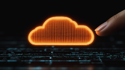 Poster - a hand is pointing at a cloud on a computer screen. the cloud is orange and he is glowing. concept o
