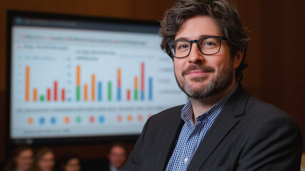 Poster - a man in a suit stands in front of a large screen with a graph on it. he is smiling and he is confid