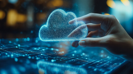 Poster - A hand is holding a cloud in front of a computer screen