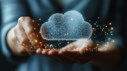 Poster - a person is holding a cloud in their hand, surrounded by a network of lines. concept of technology a
