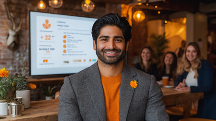 Poster - a man wearing a gray jacket and orange sweater is smiling at the camera. he is sitting at a table wi