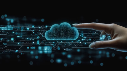 Poster - a hand is pointing at a cloud of data. concept of technology and the vast amount of information that