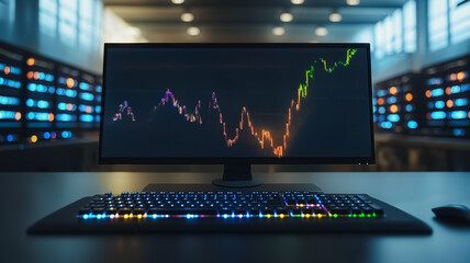 Poster - A computer monitor displays a colorful graph on a black screen. Concept of excitement and anticipation, as the graph seems to be tracking a significant event or trend