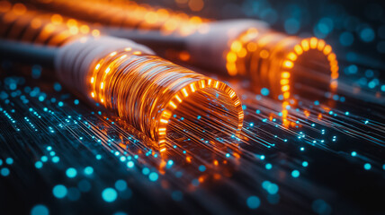 Wall Mural - Two orange cables with blue and purple lights on them. The cables are arranged in a way that they appear to be connected to a larger piece of technology. Scene is one of technology and innovation