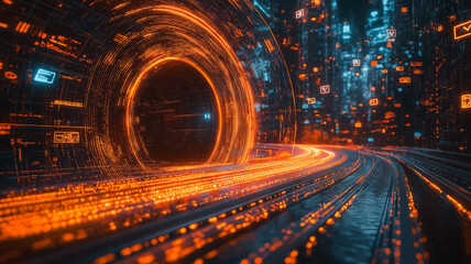 Poster - A cityscape with a large orange tunnel in the middle. The tunnel is surrounded by a bright orange glow, giving the impression of a futuristic, high-tech environment