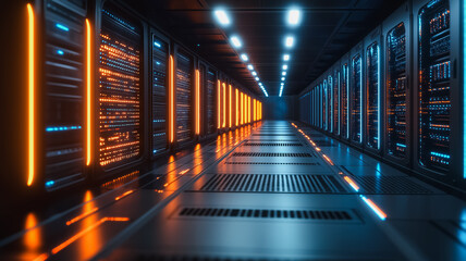 Poster - A large computer server room with orange and blue lights illuminating the space. The room is empty and the lights are on, creating a bright and futuristic atmosphere