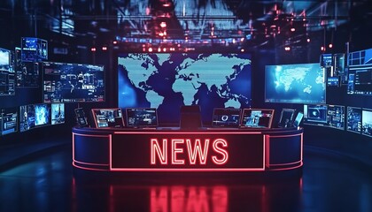  3D rendering of a news studio with a large LED screen 