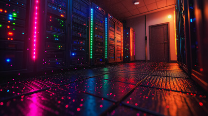 Poster - A computer server room with neon lights and a wet floor. The lights are bright and colorful, creating a futuristic and high-tech atmosphere. The wet floor adds a sense of urgency and danger