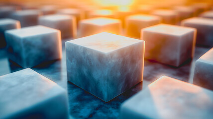 Poster - A close up of a bunch of cubes with one of them being slightly larger than the others. The cubes are all white and appear to be made of ice. The image has a cold and stark feeling to it
