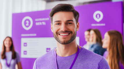 Poster - A man with a purple shirt and a purple background. He is smiling and wearing a lanyard