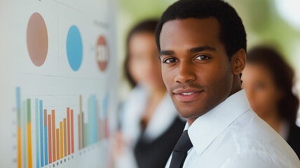Poster - a man with a black beard and a white shirt is standing in front of a board with a lot of graphs on i