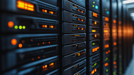 Poster - A row of computer servers with lights on them. The servers are black and the lights are orange
