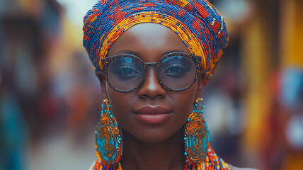 Poster - A woman wearing a colorful head scarf and glasses. She is smiling and looking at the camera. The scene is set in a busy street with many people around her