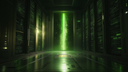 Poster - A green room with a green light in the middle. The room is very dark and the light is glowing