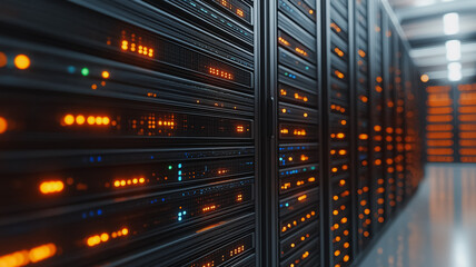 Poster - A row of computer servers with orange lights on them. The servers are in a room with a white floor