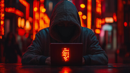 Poster - A man is sitting at a table with a laptop in front of him. The laptop screen is lit up with a heart symbol. The man is wearing a hoodie and a mask