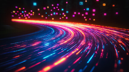 Poster - A colorful, glowing line of pixels that appears to be moving. Concept of motion and energy, as if it is a representation of a digital world or a futuristic highway