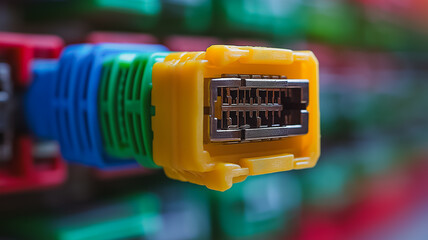 Poster - A yellow and blue cable with a yellow plug. The cable is connected to a green and red cable