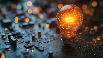Poster - A light bulb is lit up on a circuit board. The light bulb is glowing brightly and is surrounded by a lot of other electronic components. Concept of innovation and technology