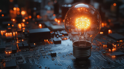Poster - A light bulb is glowing brightly on a circuit board. Concept of innovation and creativity, as the light bulb represents a source of energy and inspiration