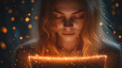 Poster - A woman with long hair is looking into a glowing orb. The image has a dreamy, ethereal quality to it, as if the woman is looking into a portal or a mystical object
