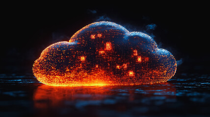 Poster - A glowing cloud of data with many small dots on it. The cloud is orange and blue. Concept of a large amount of information being stored in a single place