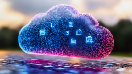 Poster - A colorful cloud with various icons, such as a cup, a book, and a cell phone, is displayed on a surface. The cloud appears to be a representation of a computer or a digital device