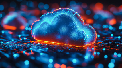 Poster - A blue and orange cloud with a glowing effect. The cloud is surrounded by other clouds and the background is a dark blue. Concept of technology and innovation, as well as a futuristic atmosphere