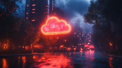 Poster - A neon cloud is lit up in the rain. The city is lit up with lights and the rain is falling
