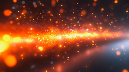 Poster - a bright orange line of light with many small orange dots. the light is moving and the dots are movi