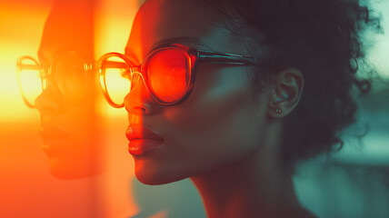 Poster - A woman with glasses and red lips looking at the camera. The image has a warm, vibrant, and energetic feel to it