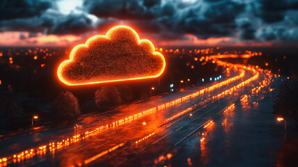 Fototapete - A glowing cloud is on a road with a city in the background. Scene is mysterious and futuristic