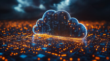 Poster - A computer generated image of a cloud with a city in the background. The image has a futuristic and technological feel to it