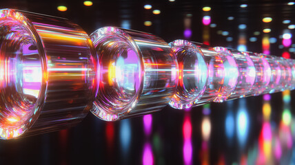 Poster - A series of colorful glass tubes are lined up in a row. The tubes are all different colors and sizes, creating a visually striking and dynamic effect. Scene is one of excitement and energy