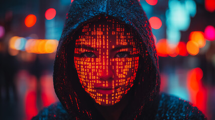 Poster - A woman with a hoodie on and a face made of binary code. The image has a futuristic and somewhat eerie vibe to it