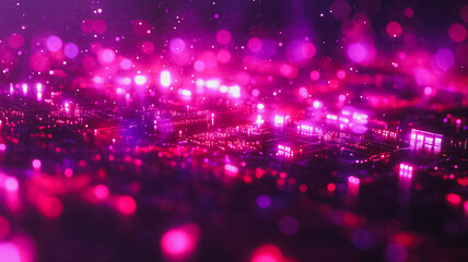 Poster - A cityscape with a pink background and a purple sky. The city is lit up with bright lights and the sky is filled with stars. Scene is one of excitement and wonder, as if the city is alive