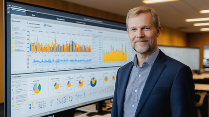 Poster - A man stands in front of a computer monitor displaying a graph. He is wearing a suit and he is smiling