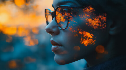 Poster - A woman's face is reflected in a pair of glasses. The glasses are blurry and the reflection is distorted, creating a dreamy, ethereal effect. The woman's face is the main focus of the image