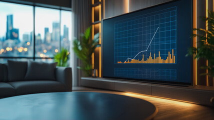 Poster - A television screen shows a graph of a stock market. The room is decorated with a couch and a potted plant